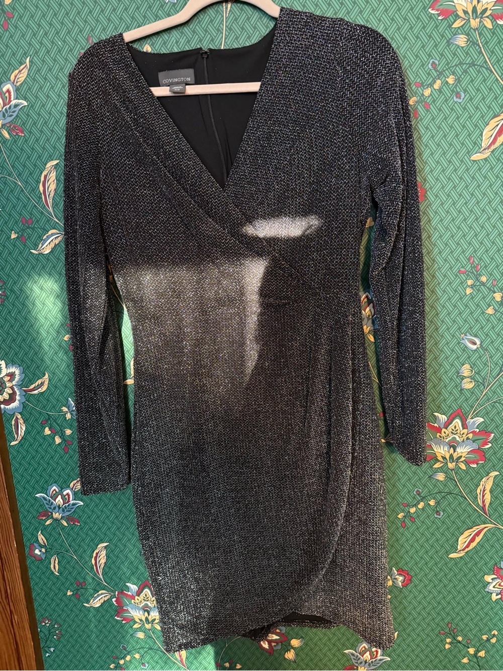 Covington Black Metallic Wrap-Style Long Sleeve Dress